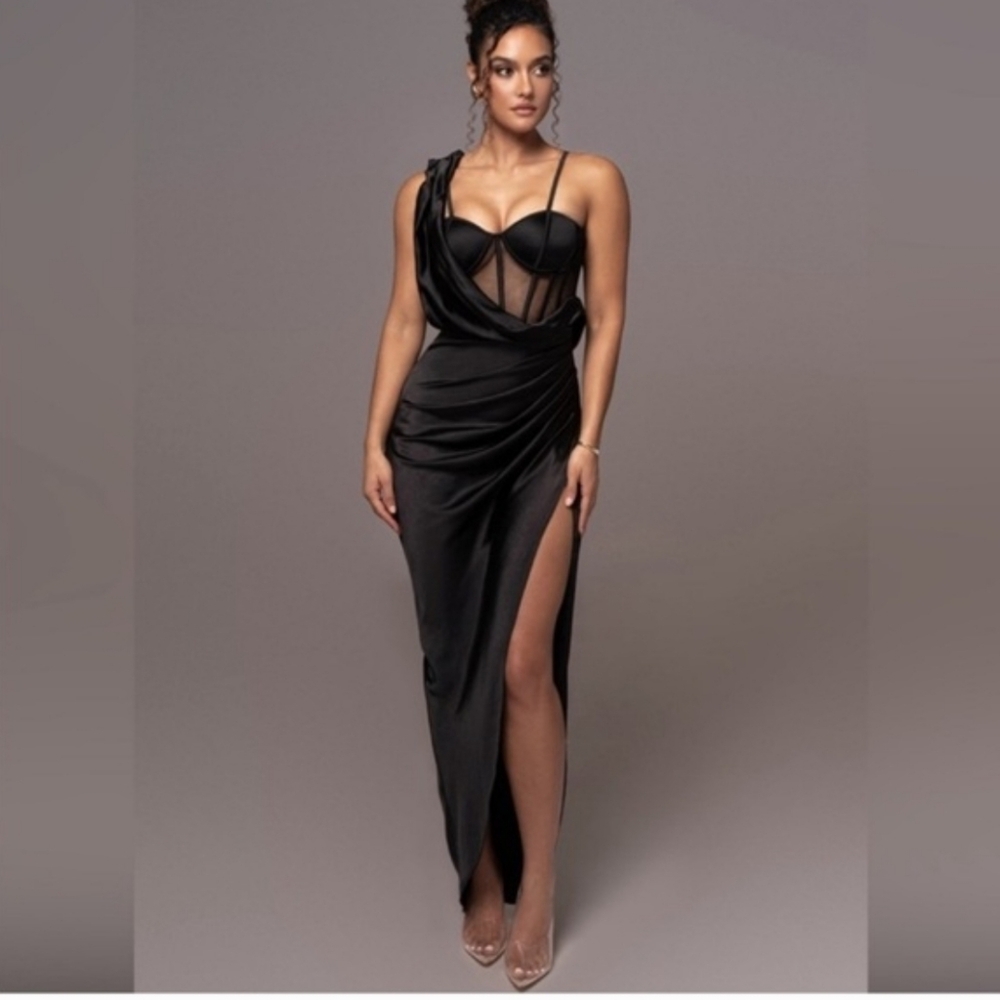 Jluxlabel Elegant Black Draped Evening Dress with Sheer Corset💣🔥🩷🫦👏👍
